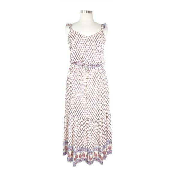 True Destiny Printed Maxi Dress Cream Red Sz XXL Ruffle Straps V Line Button - Picture 1 of 10